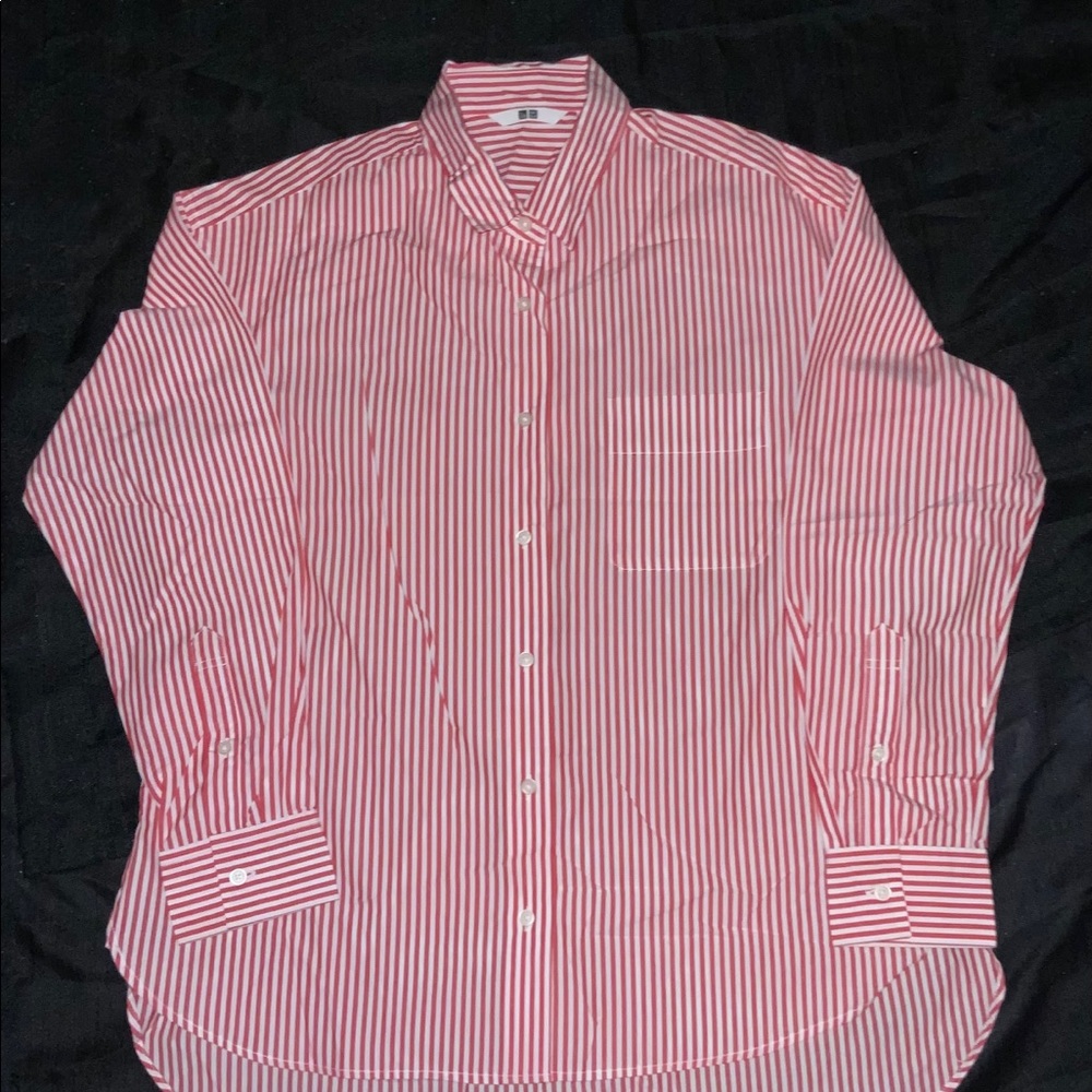 Uniqlo red and white striped button down long sleeve shirt, size medium